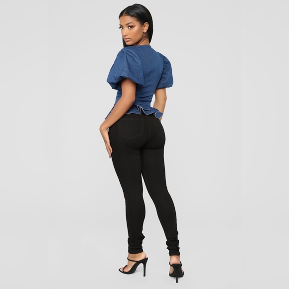DENIM PEPLUM JACKET AND TROUSERS SET